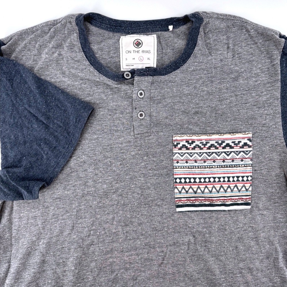 On The Byas Henley Shirt Large Grey Navy Colorblock Aztec‎ Pocket Short Sleeve